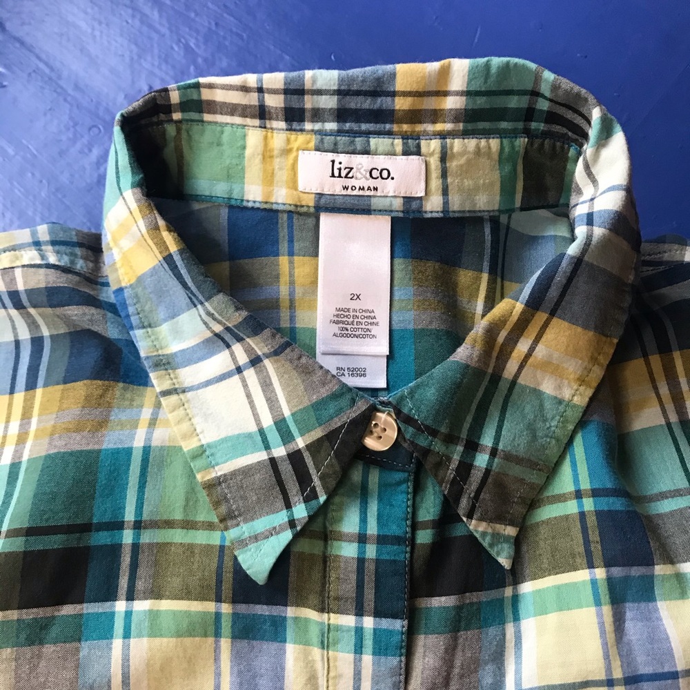 Liz & Co Shirt woman’s 2X Button down green blue